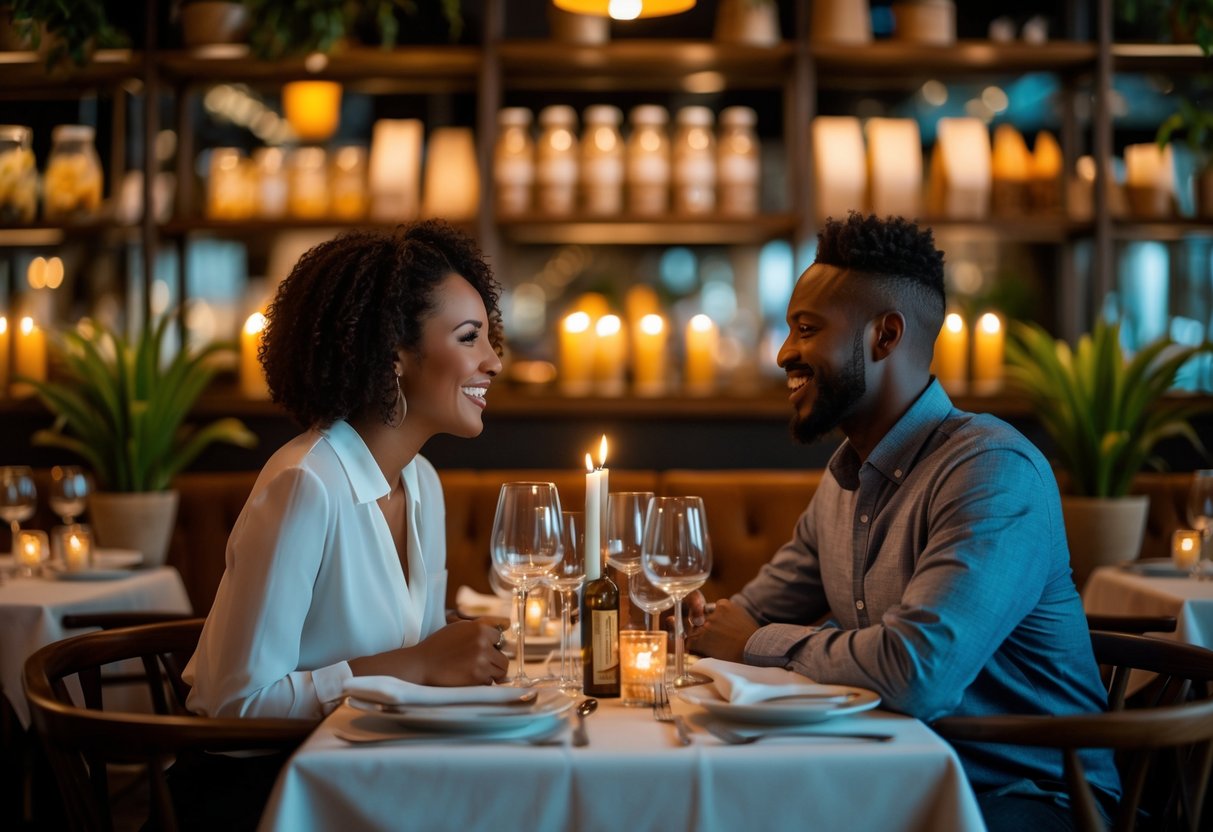 A couple enjoying a cozy dinner together at a warmly lit restaurant table with candles and elegant table settings.