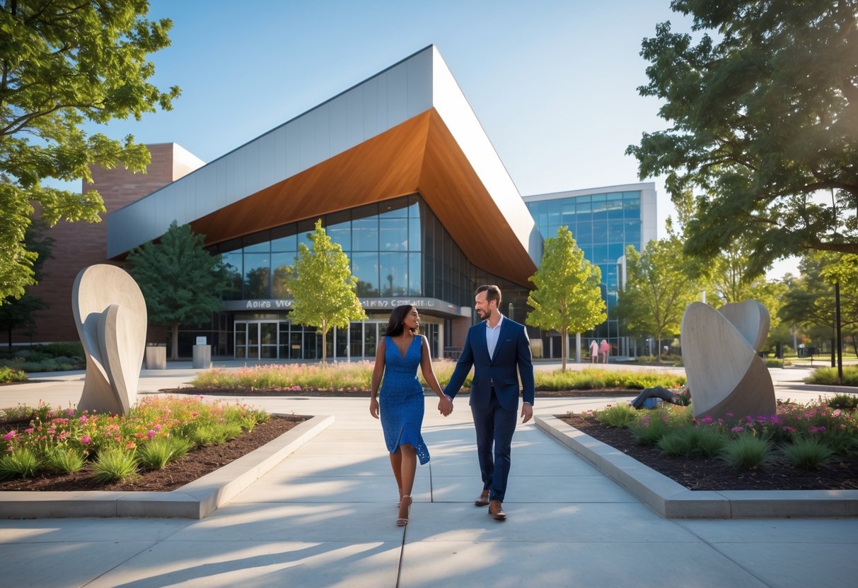 A couple walking hand-in-hand outside the Arkansas Arts Center surrounded by trees, flowers, and sculptures on a sunny day.