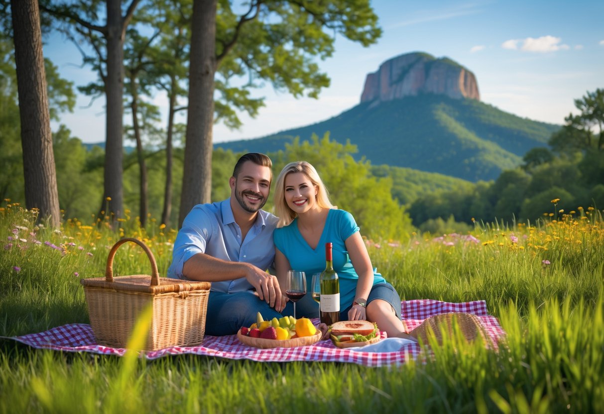 A couple enjoying a picnic on a blanket in a grassy area with trees and a mountain in the background.