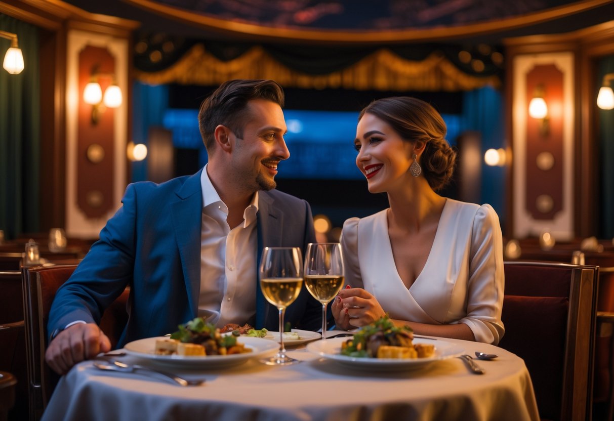 A couple enjoying a romantic dinner together at a dinner theatre with warm lighting and elegant decor.