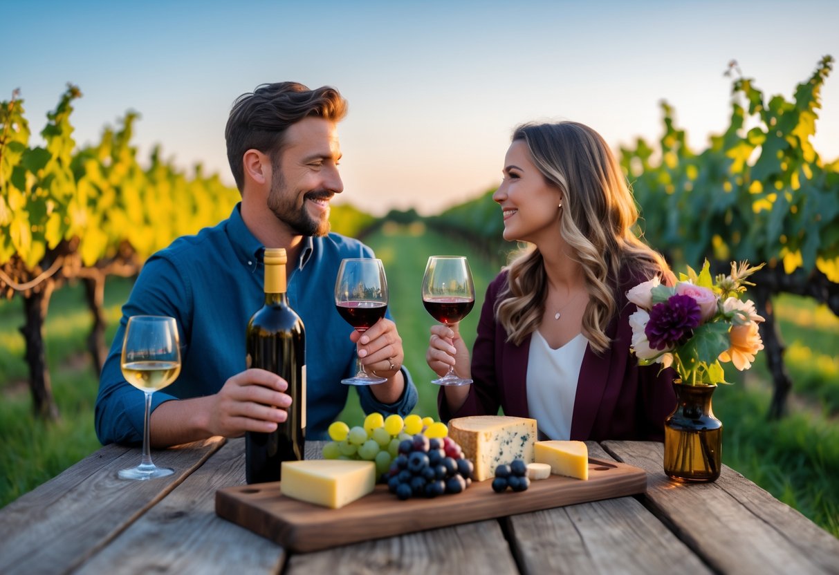 A couple enjoying wine tasting together at a vineyard table surrounded by grapevines.