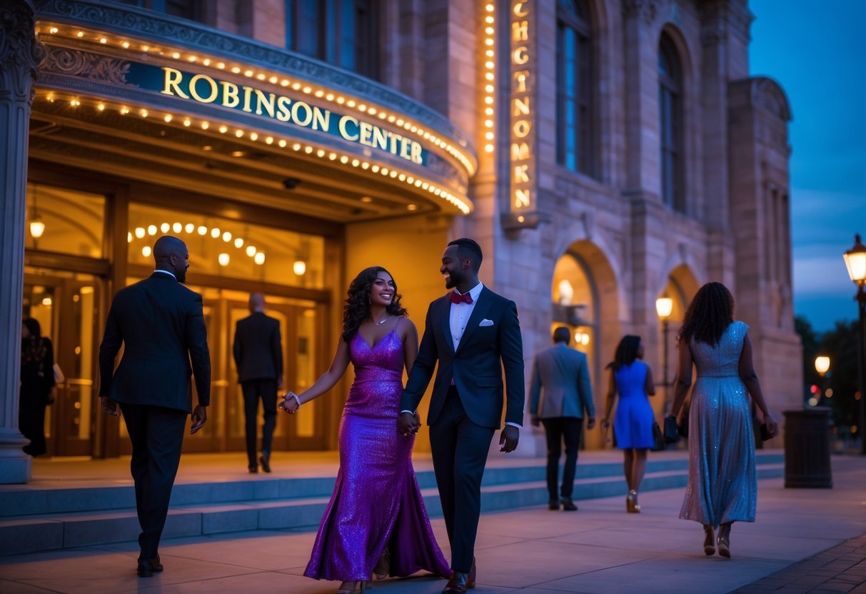 A couple dressed elegantly walking hand in hand toward the entrance of the Robinson Center theater in Little Rock during the evening.