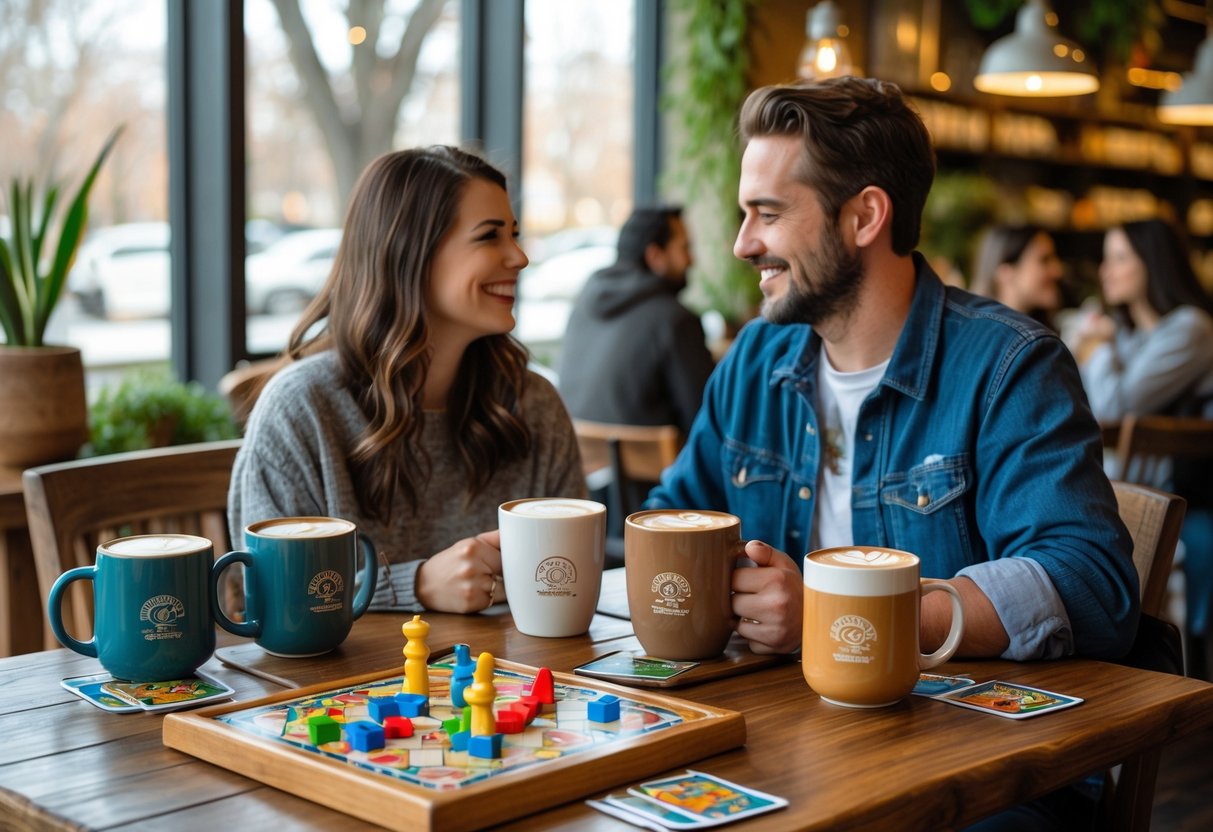 Two people sitting at a wooden table in a cafe, enjoying coffee and playing a board game together.