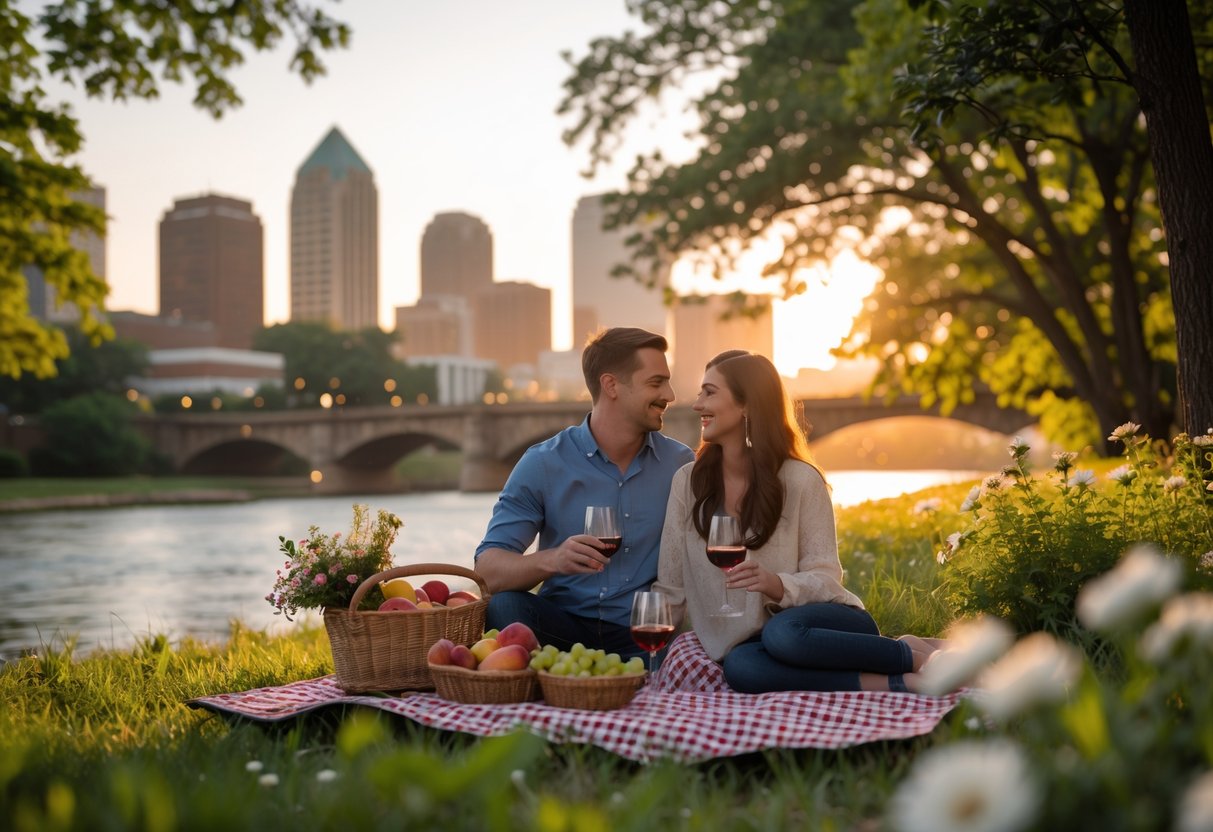 A couple having a picnic near a river with the Little Rock city skyline in the background.