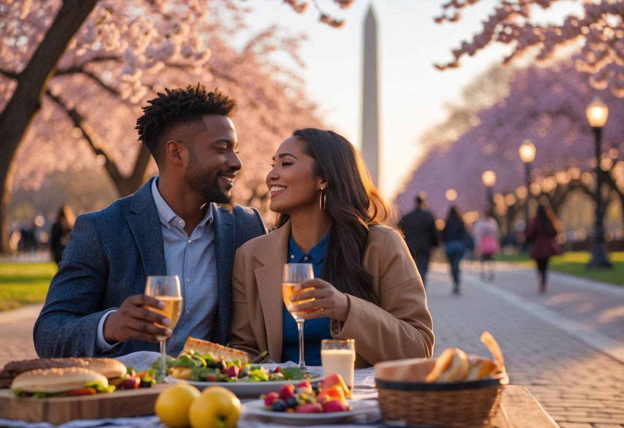 A couple enjoying a romantic date outdoors near a famous Washington DC landmark during sunset.