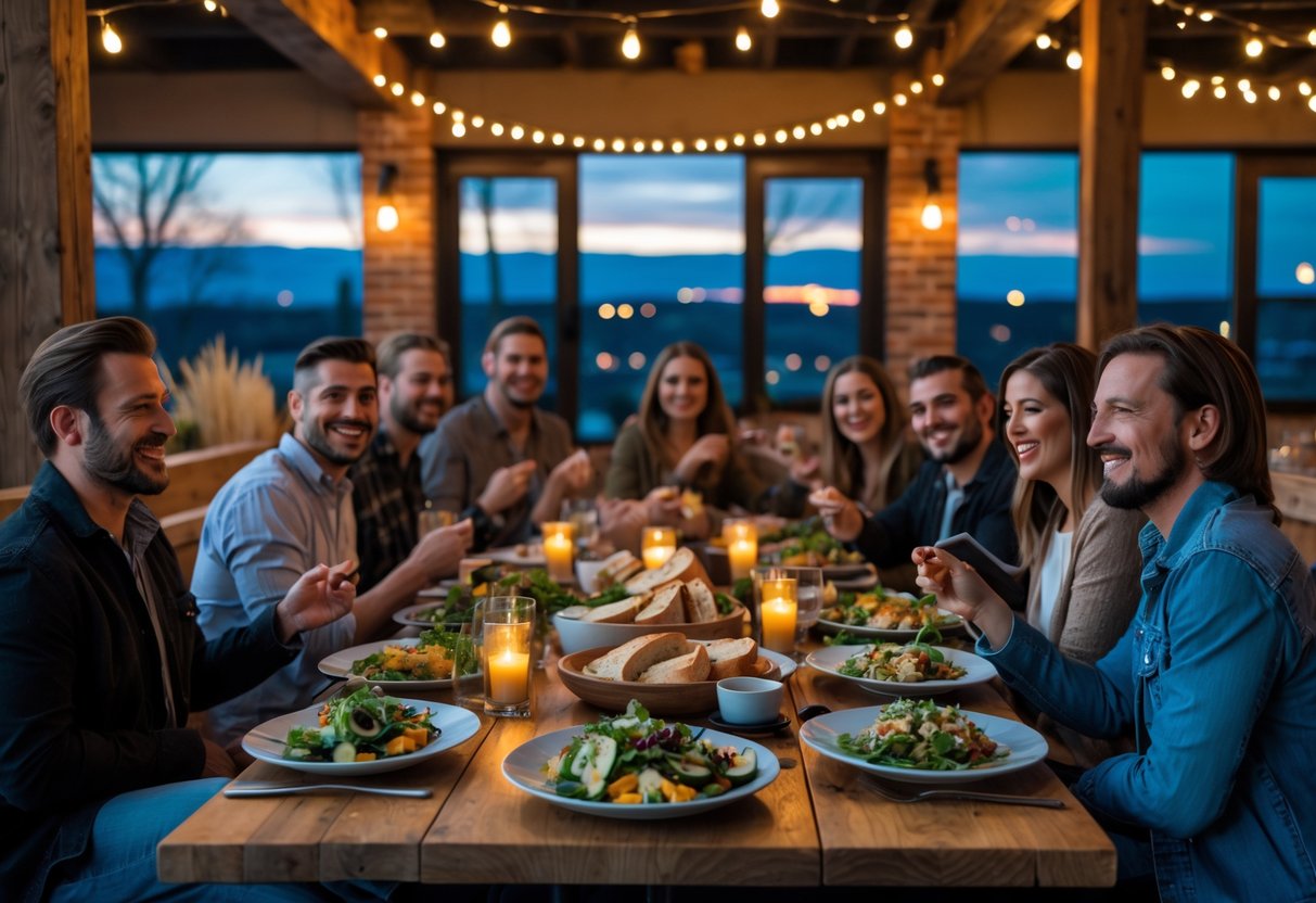 People enjoying dinner together at a communal restaurant with warm lighting and a cozy atmosphere.