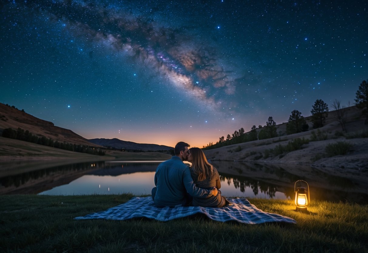 A couple sitting on a blanket by Jordanelle Reservoir at night, stargazing under a clear sky filled with stars and the Milky Way.