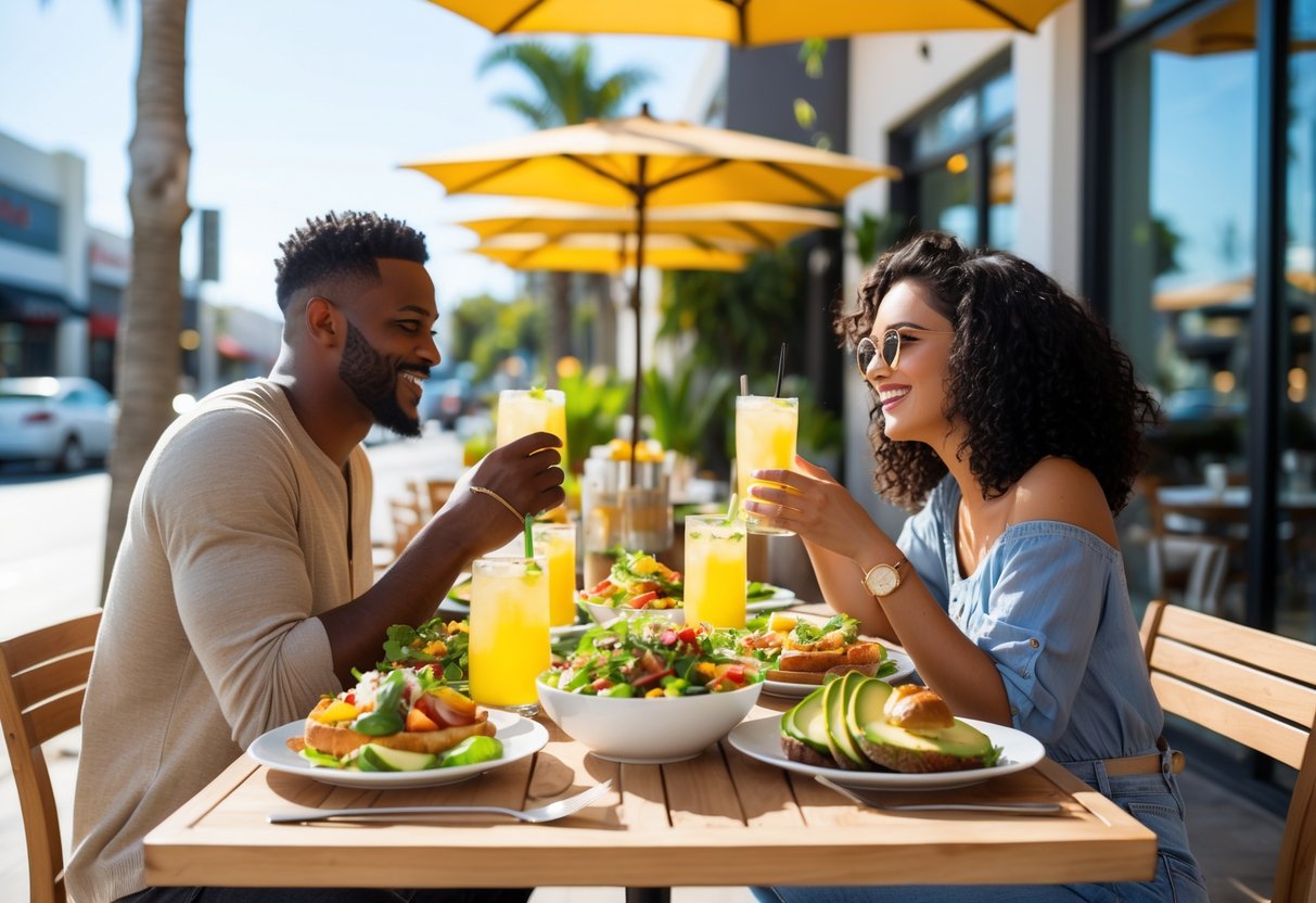 A couple enjoying brunch together at an outdoor patio with fresh food and drinks on the table.