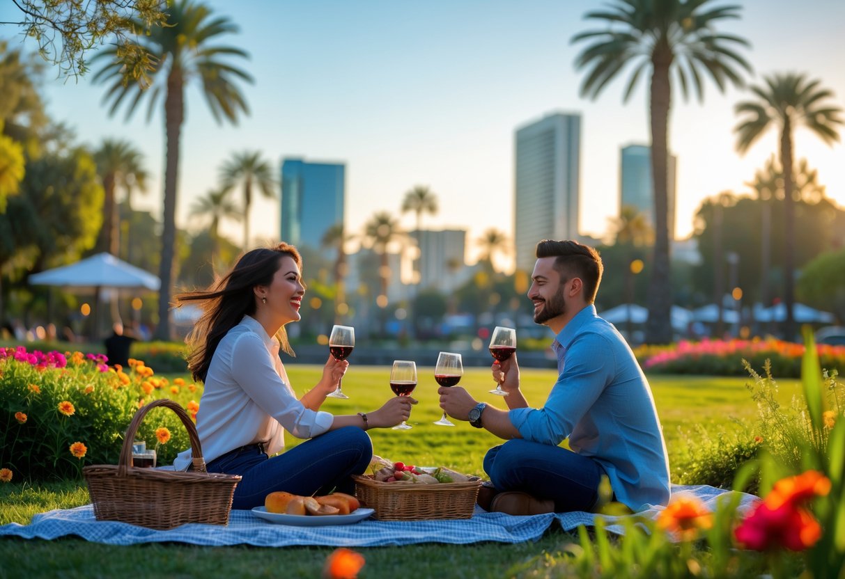 A young couple having a picnic together in a park with city buildings and palm trees in the background during sunset.