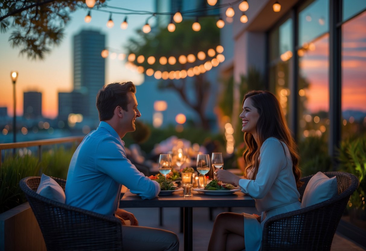 A young couple enjoying an outdoor dinner together at sunset with city buildings and greenery in the background.