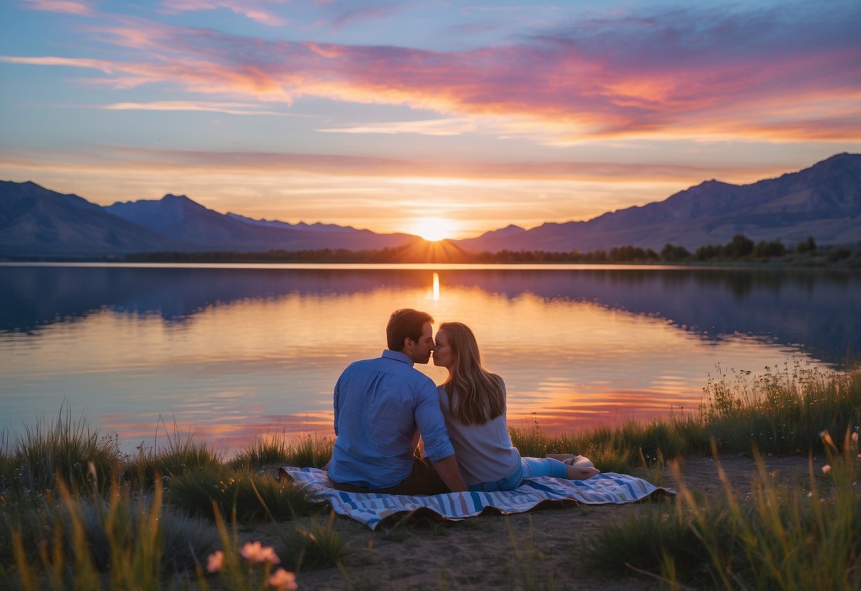 A couple sitting by the edge of Utah Lake during a colorful sunset with mountains in the background.