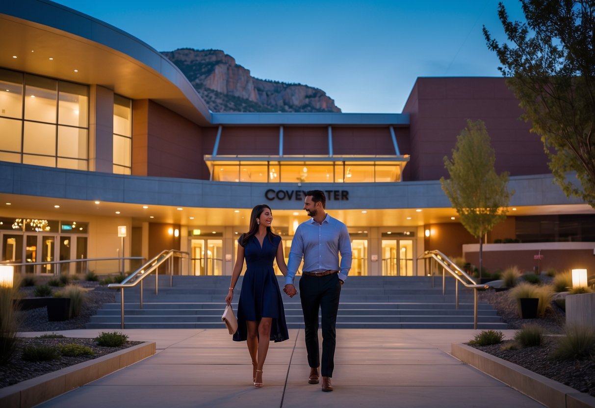 A couple walking hand-in-hand towards the entrance of the Covey Center for the Arts at twilight.