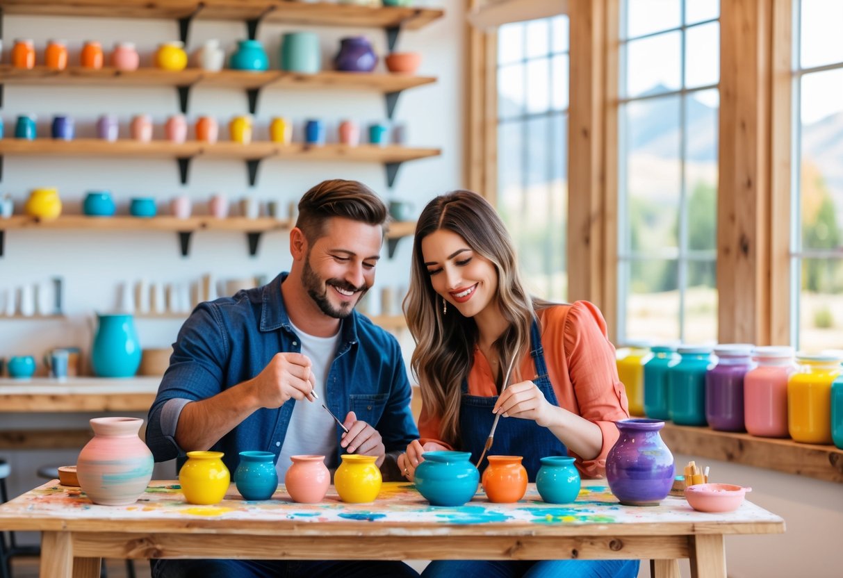 A couple painting pottery together at a bright and well-lit pottery studio.