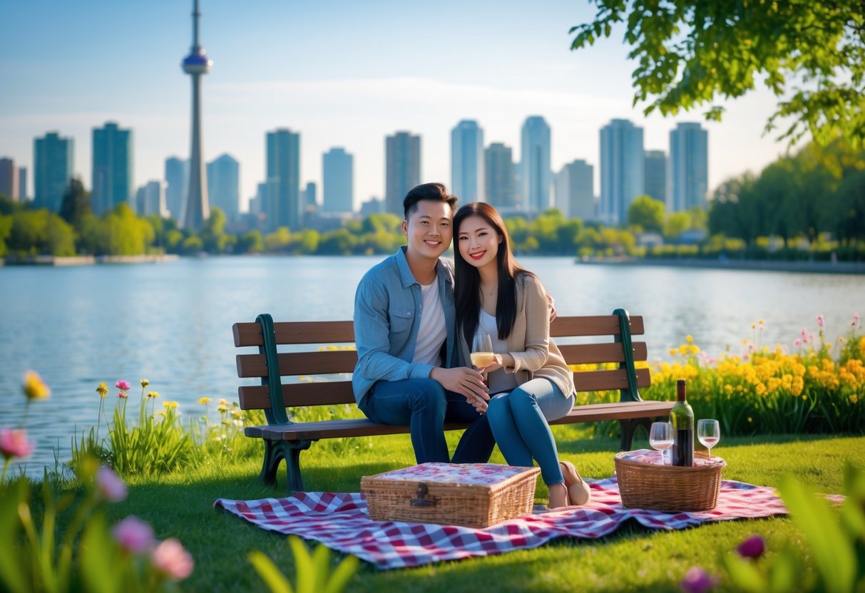 A young couple enjoying a picnic together by the waterfront in Mississauga with the city skyline in the background.