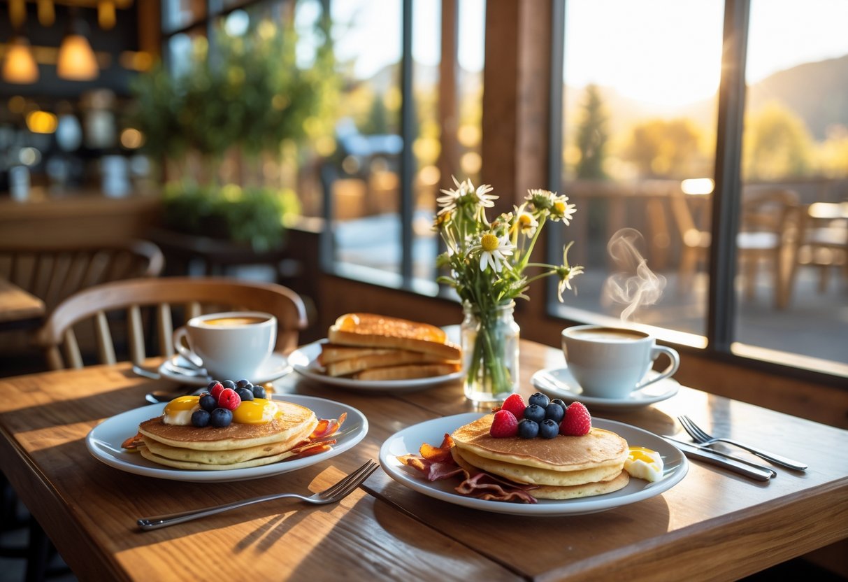A breakfast table for two with pancakes, eggs, bacon, coffee, and flowers inside a cozy cafe.