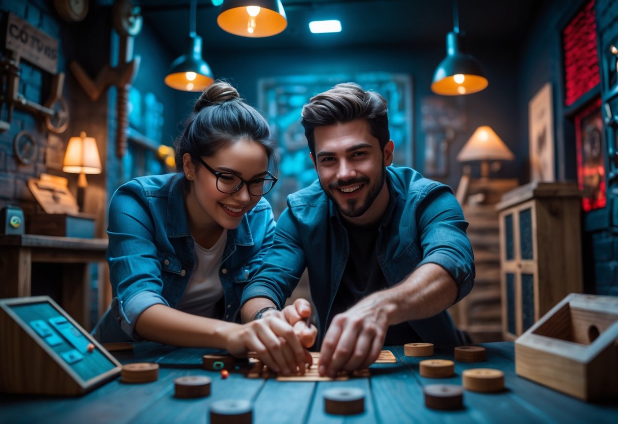 A young couple working together to solve puzzles inside an escape room.