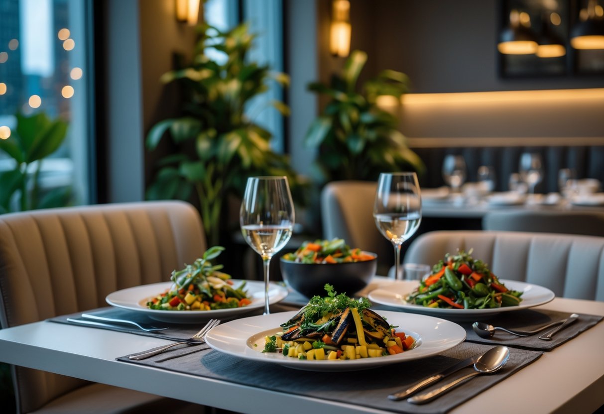 A dinner table set for two with vegetarian dishes in a modern restaurant interior.