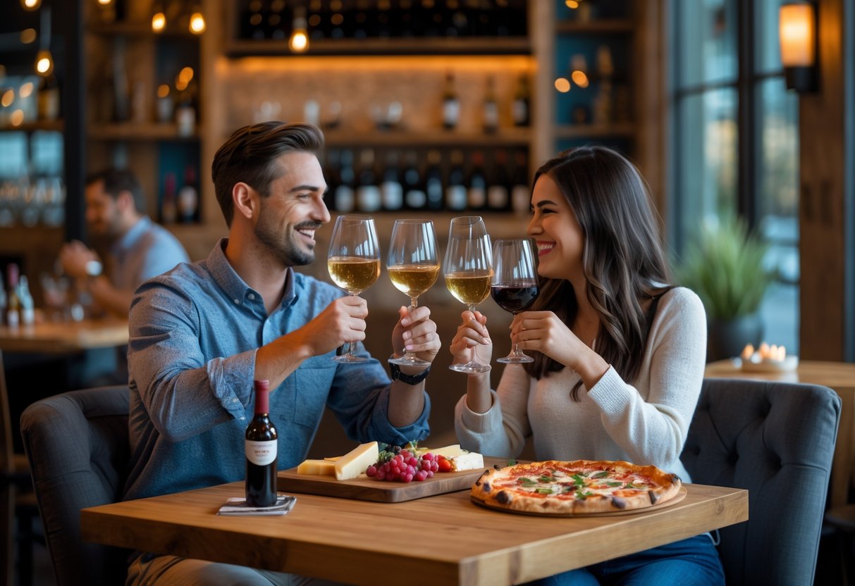 A couple sitting at a table in a wine bar, tasting wine and enjoying food together.