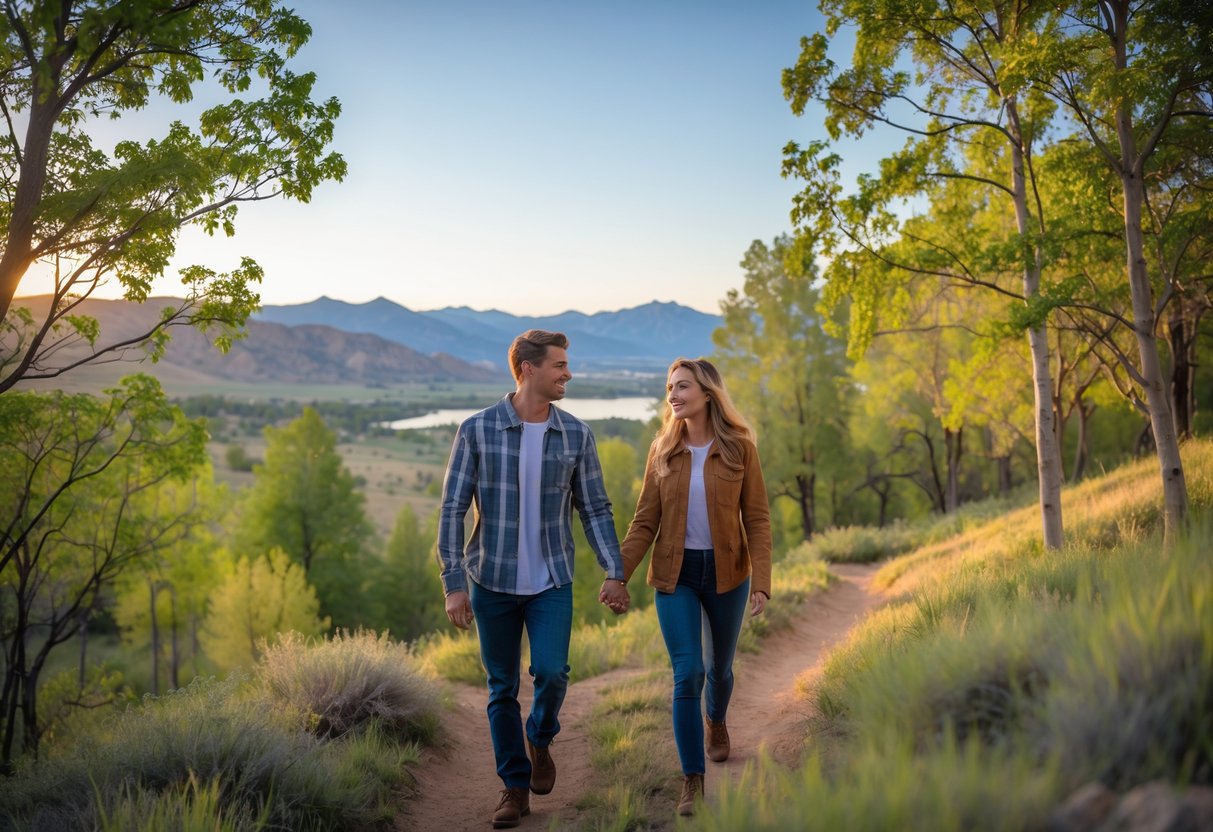 A young couple hiking on a trail in Utah County with mountains and trees in the background.
