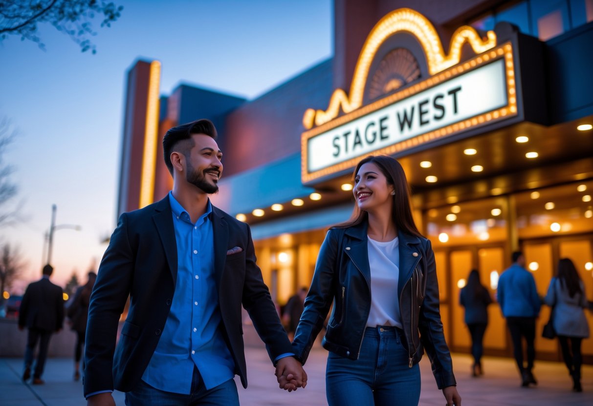 A young couple walking hand in hand toward the entrance of a theatre at dusk.