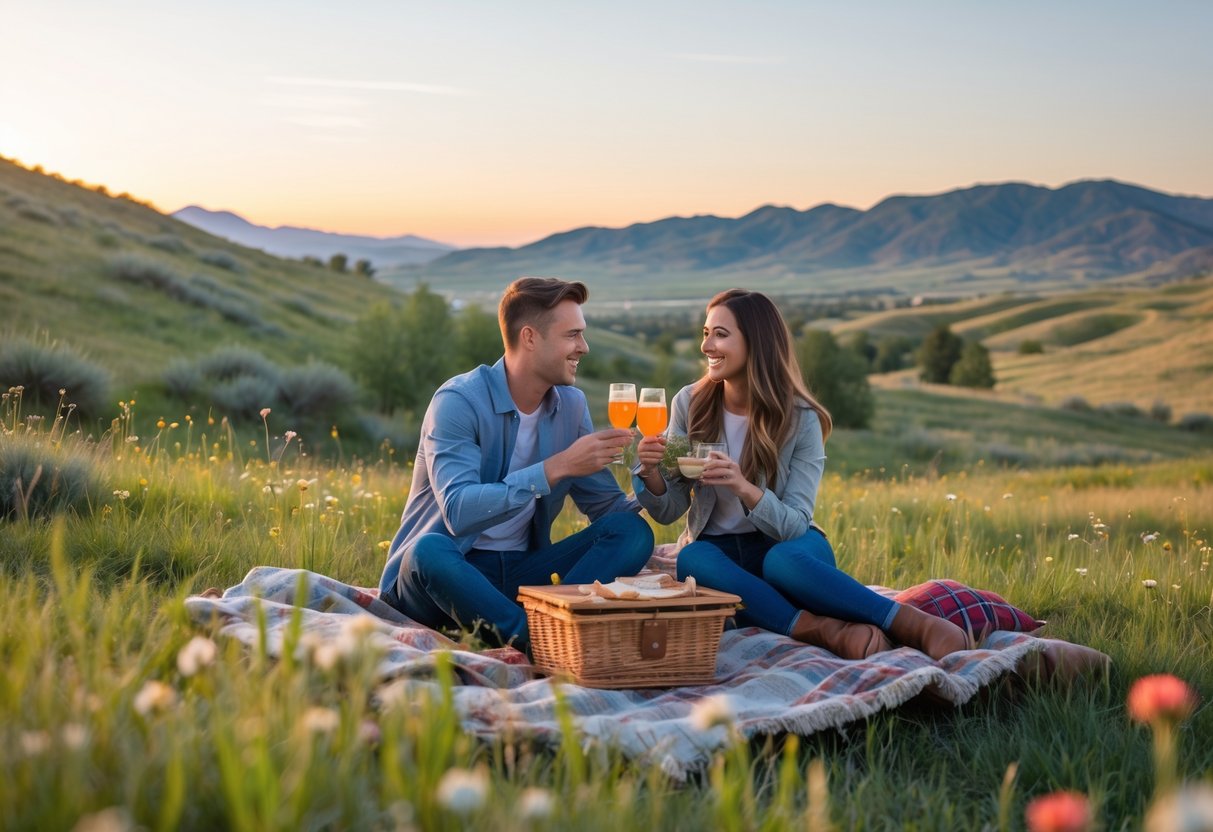 A young couple enjoying a picnic together outdoors with hills and mountains in the background during sunset.