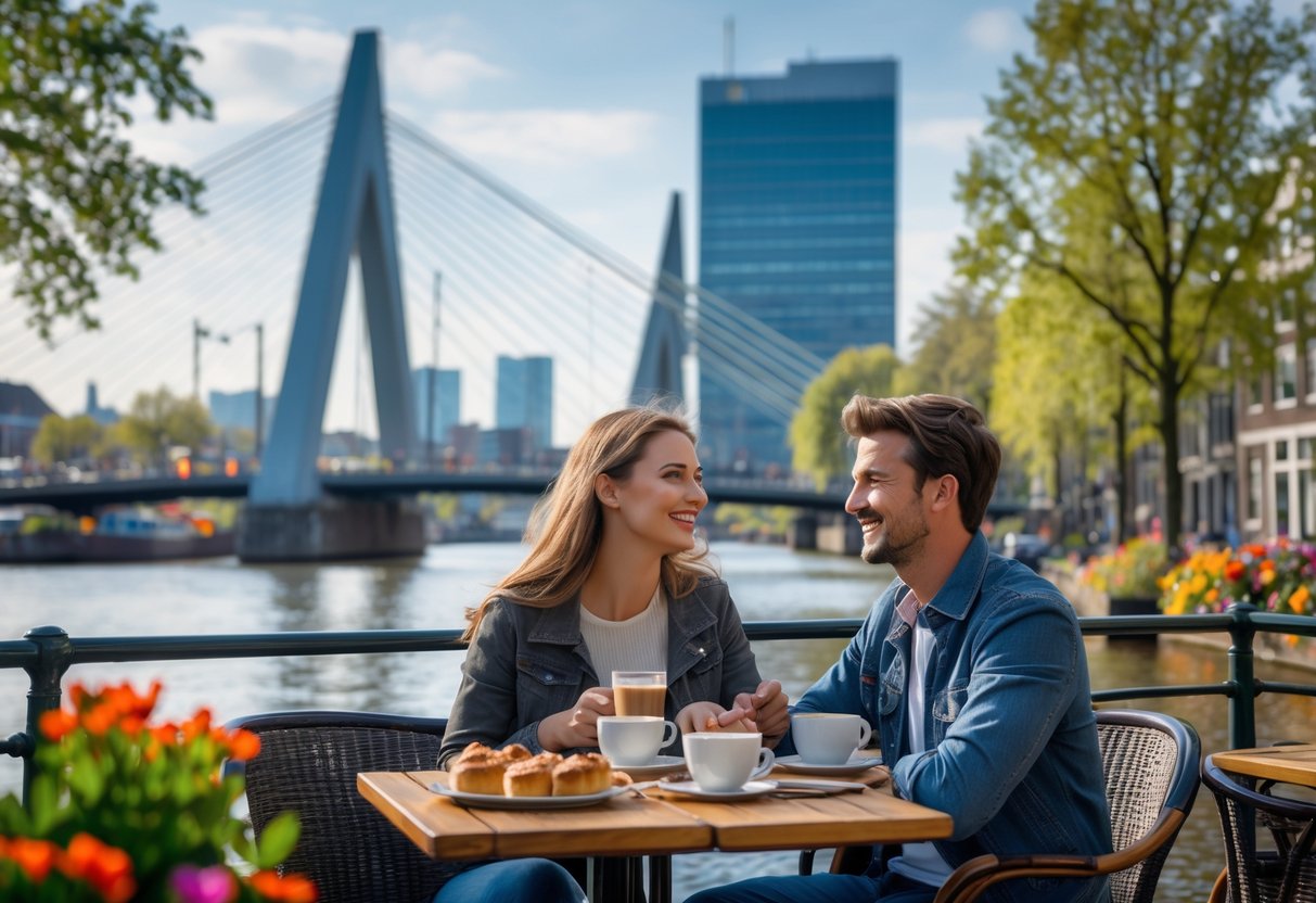 A young couple sitting at an outdoor café near the Erasmus Bridge in Rotterdam, enjoying coffee and pastries with the city skyline and river in the background.