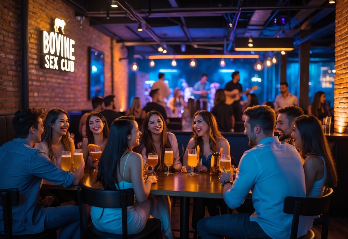 Couples and friends enjoying drinks and live music inside a lively bar with warm lighting and modern decor.