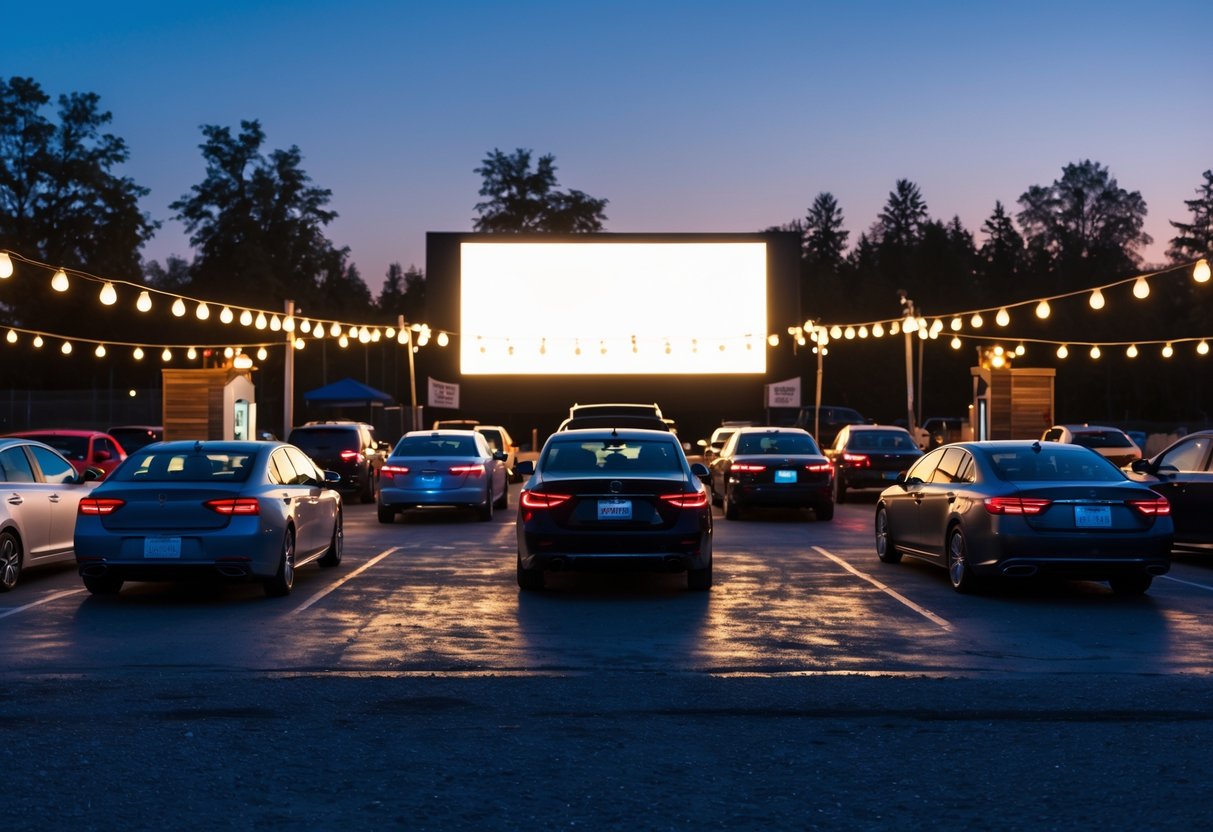 Couples enjoying a movie at an outdoor drive-in theatre during dusk with cars parked facing a large screen.