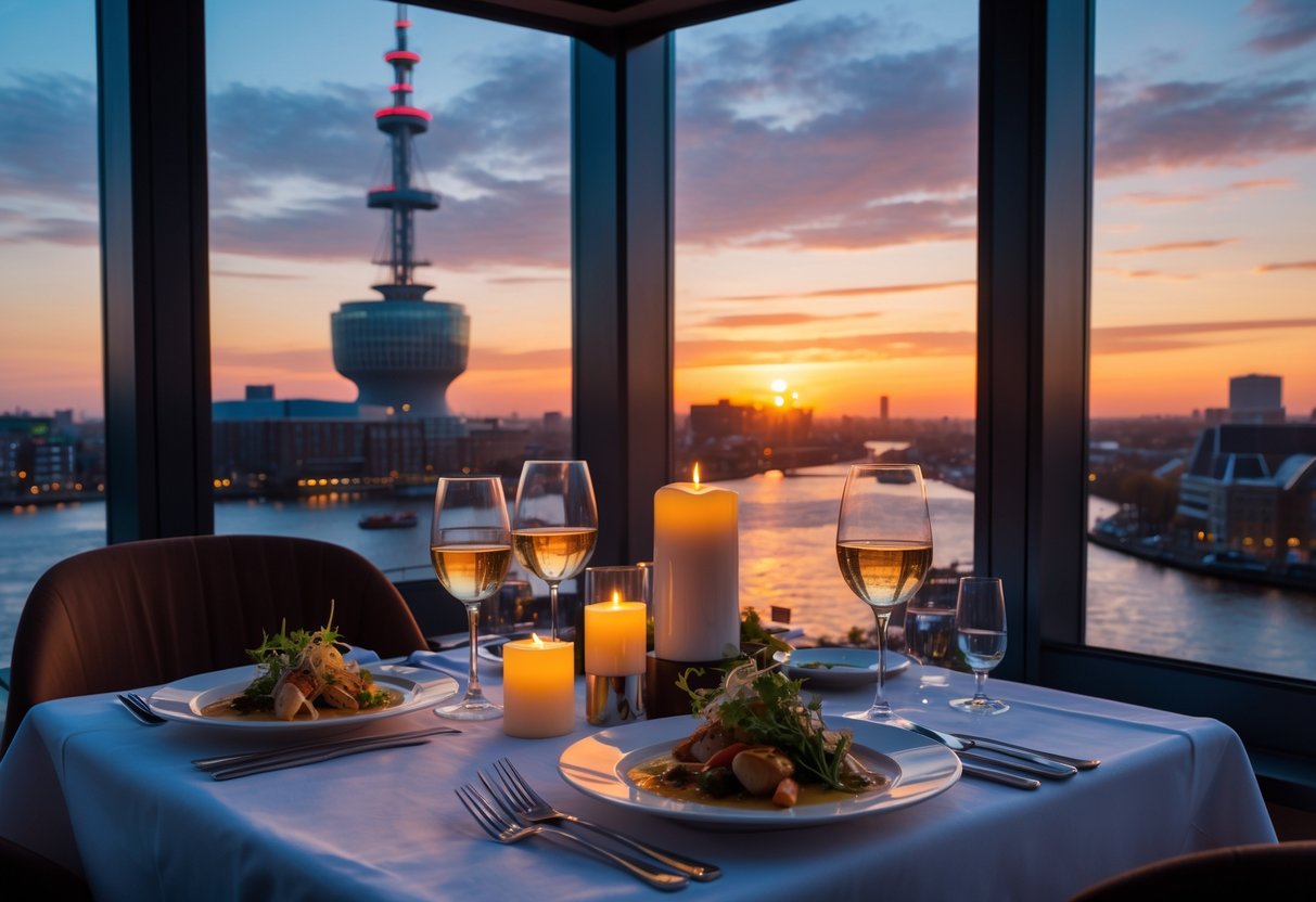 A romantic dinner setup for two with panoramic views of Rotterdam city and waterways at sunset from the Euromast tower.