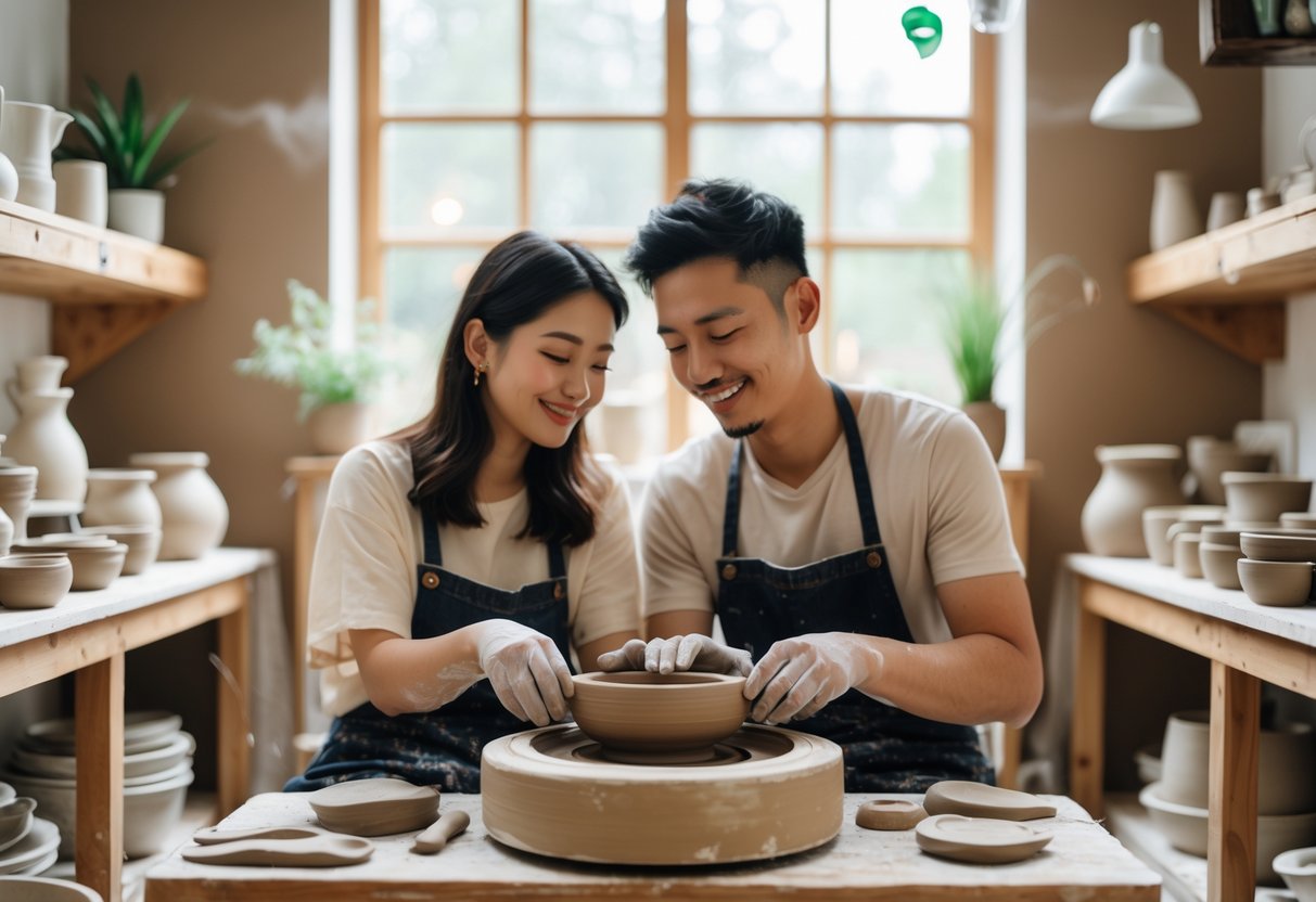 A young couple making pottery together at a pottery wheel in a cozy studio filled with clay and ceramic items.