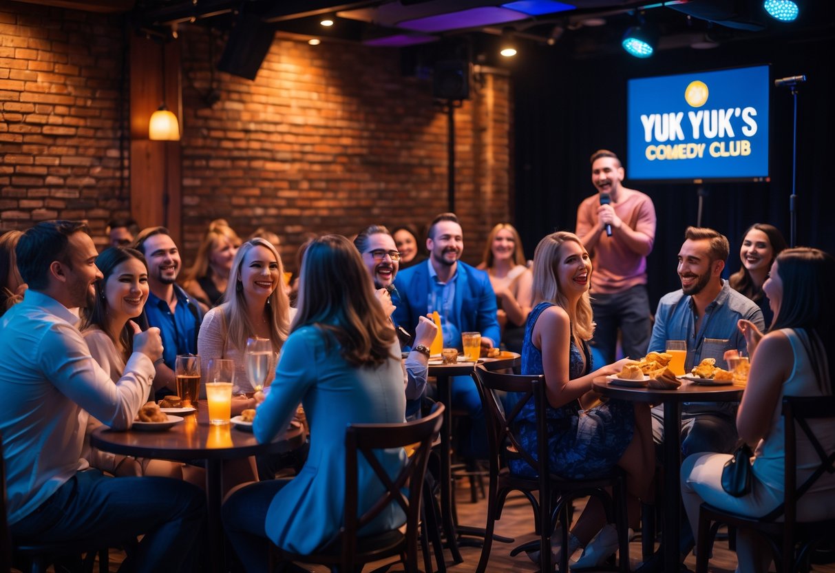 Couples and friends enjoying a stand-up comedy show at a cozy comedy club with a comedian performing on stage.