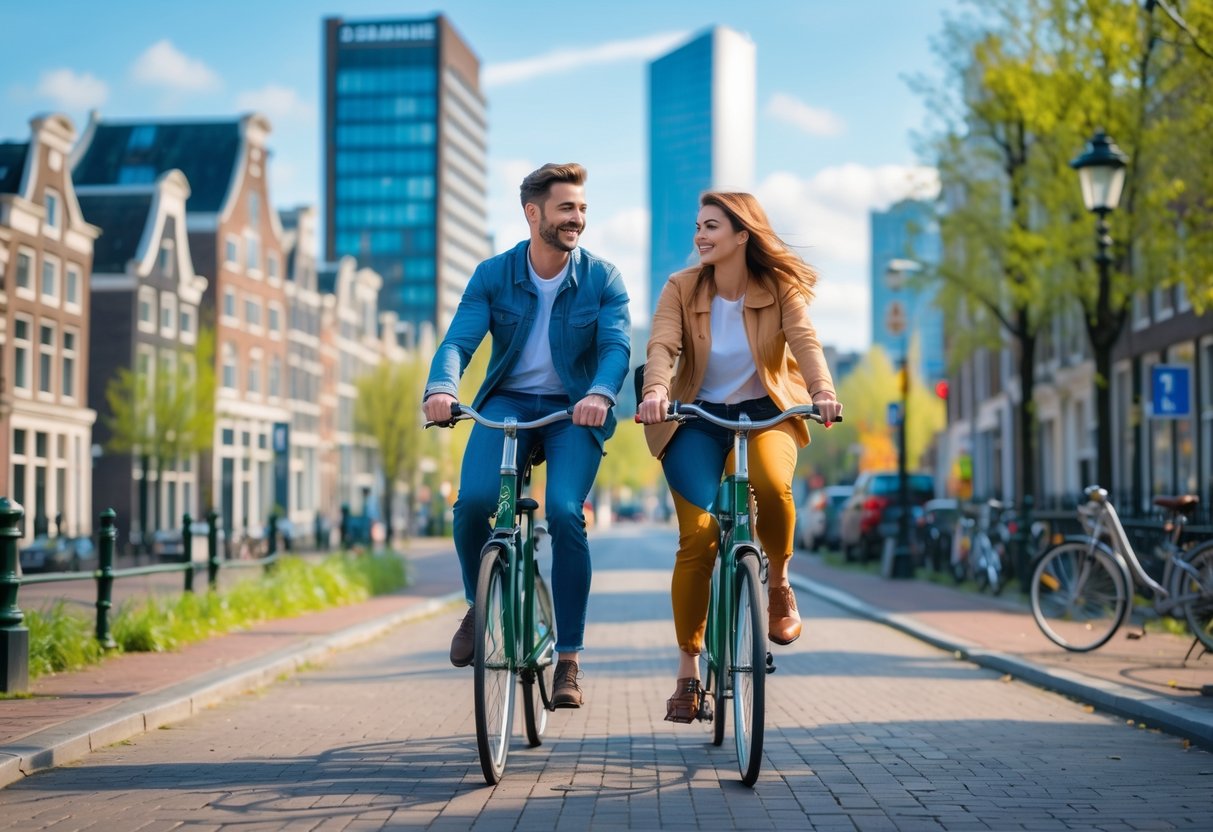A young couple riding a tandem bike through Rotterdam city landmarks on a sunny day.