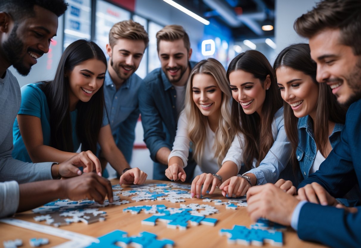 A group of young adults working together on interactive puzzles in a modern indoor setting.