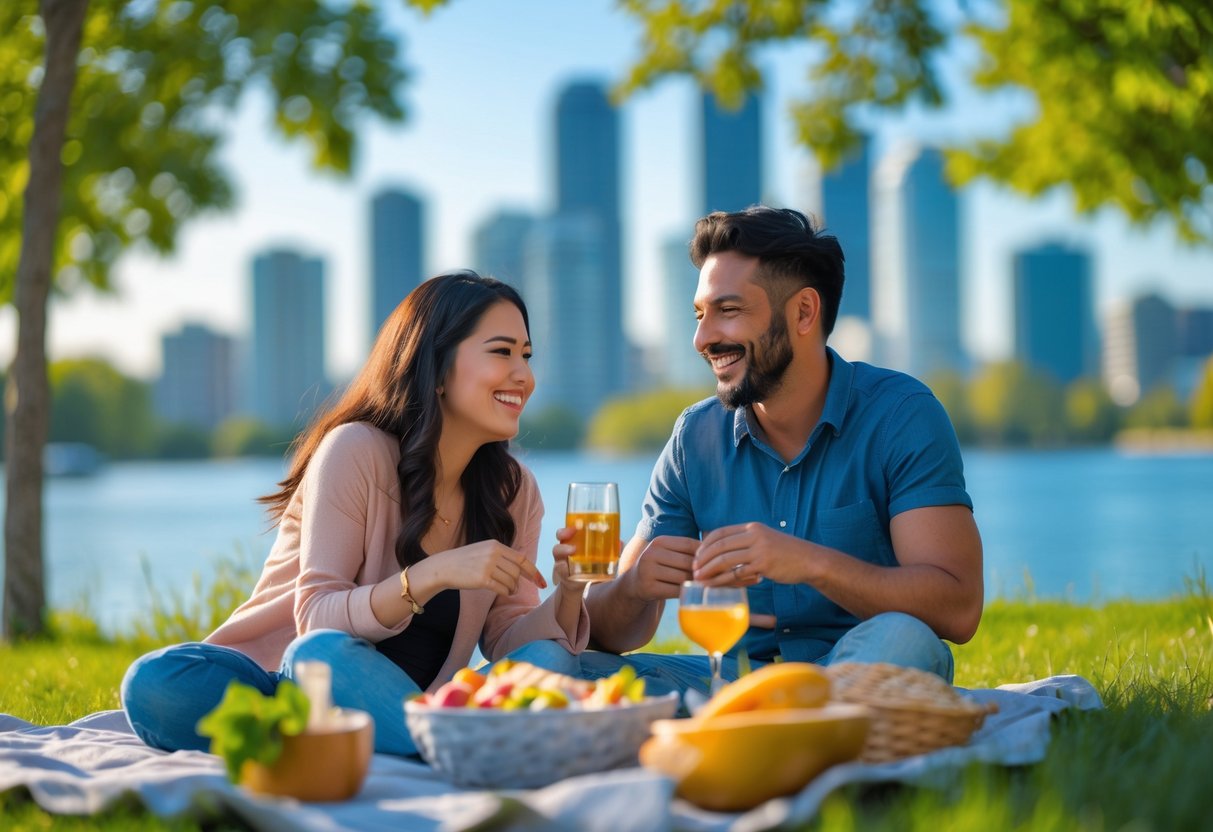 A smiling couple sharing a picnic outdoors near a waterfront with city buildings in the background.