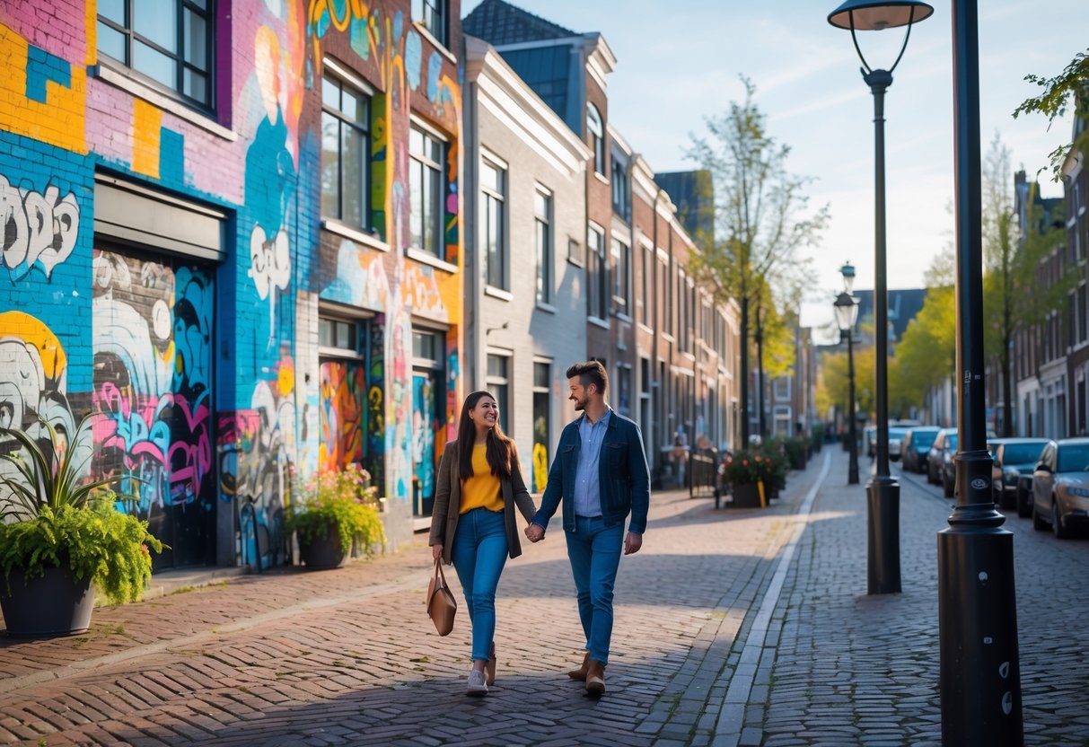 A young couple walking hand in hand along a street with colorful murals on the walls in Katendrecht, Rotterdam.