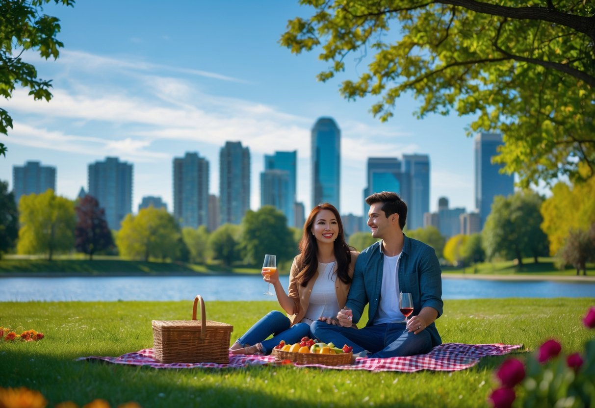 A young couple enjoying a picnic together in a green park with the Mississauga city skyline in the background on a sunny day.