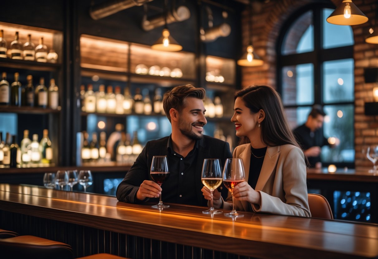 A young couple tasting wine together at a stylish wine bar with warm lighting and modern decor.