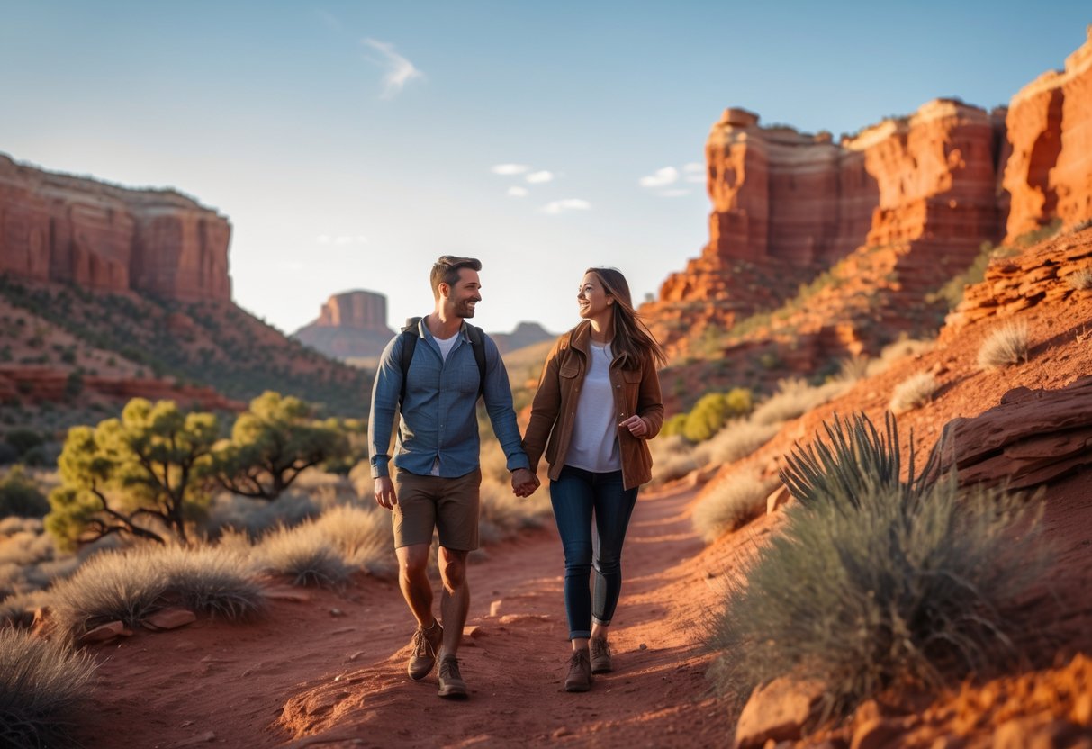 A young couple holding hands while hiking on a rocky trail with red rock formations in the background.