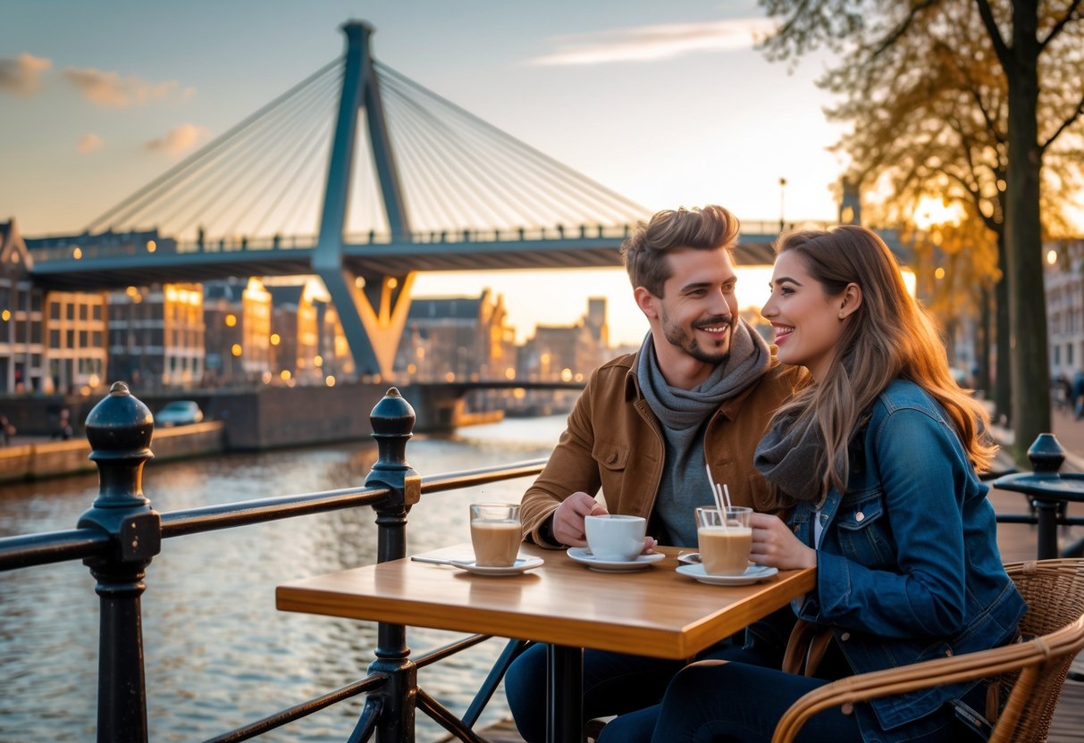 A young couple sitting at an outdoor café near a river with a city bridge and skyline in the background, enjoying a date together.