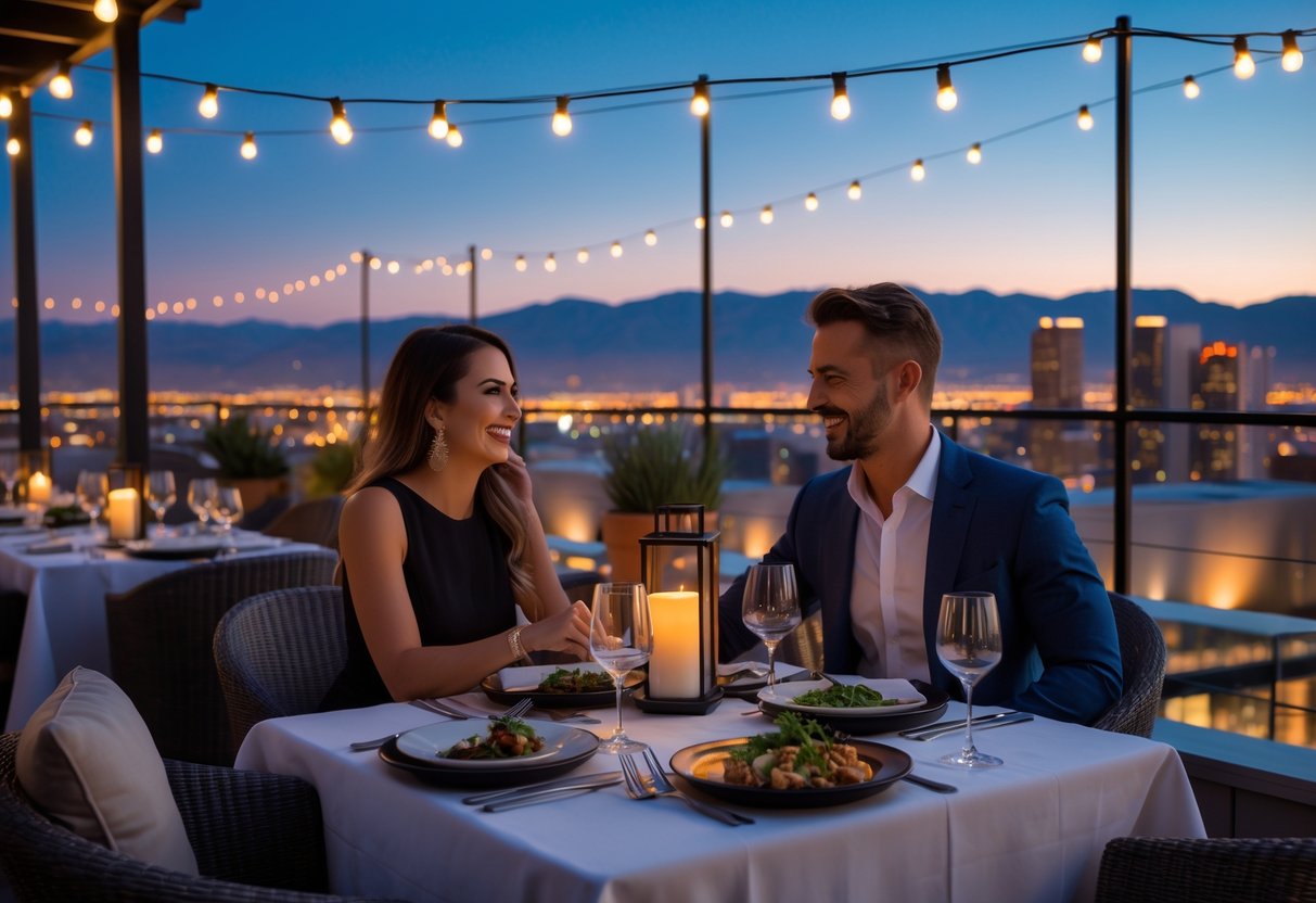 A couple enjoying a romantic dinner on a rooftop terrace overlooking Salt Lake City at dusk.