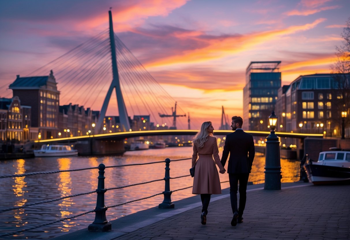 A couple walking hand-in-hand near the Erasmus Bridge in Rotterdam at sunset with city lights reflecting on the water.