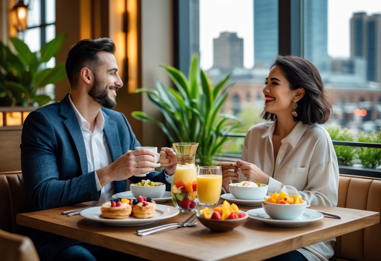 A couple enjoying brunch together at a restaurant with natural light and a view of the city.