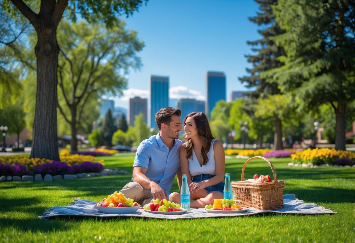 A young couple having a picnic on a green lawn at Liberty Park with trees and Salt Lake City skyline in the background.