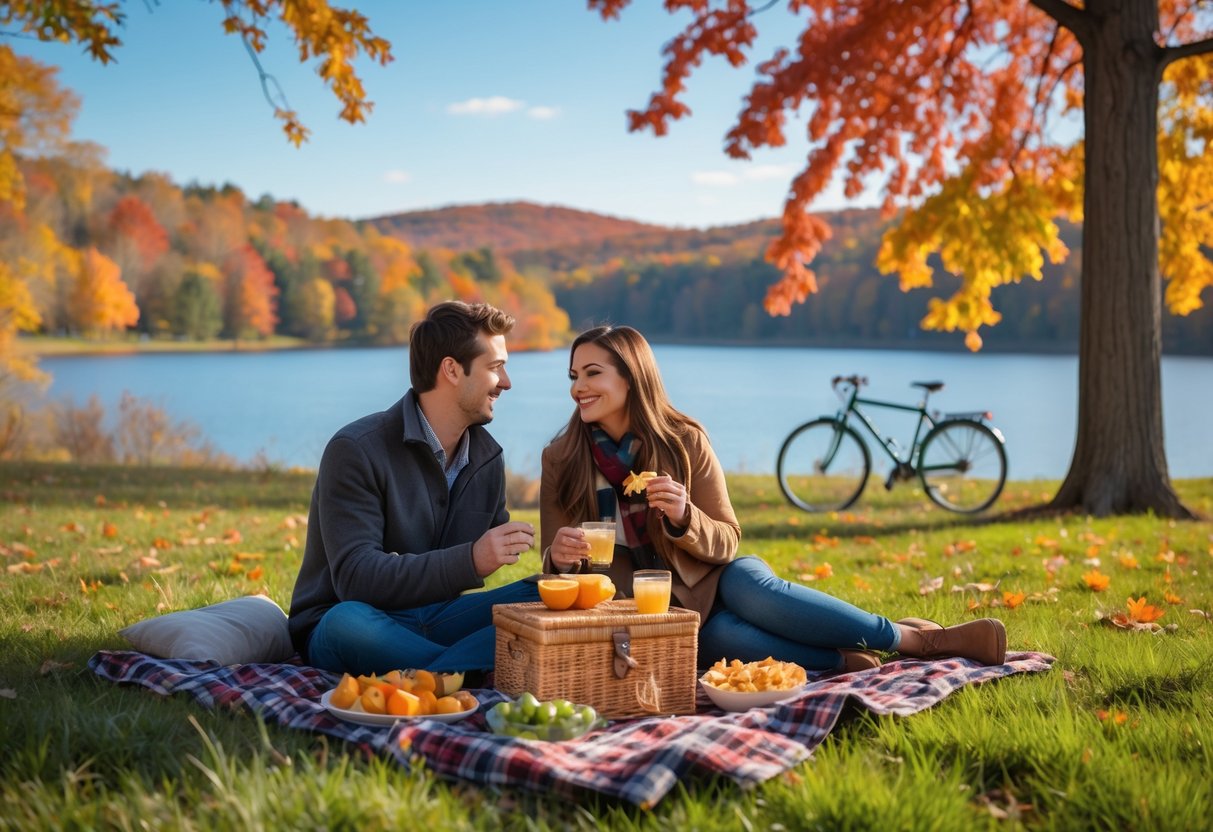 A young couple having a picnic on a blanket in a park with colorful autumn trees and a lake in the background.