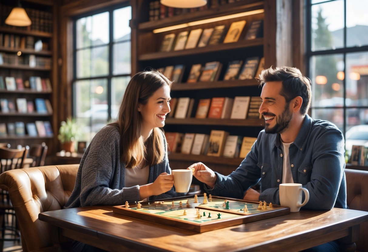 Two people enjoying coffee and playing a board game at a wooden table inside a bookstore.