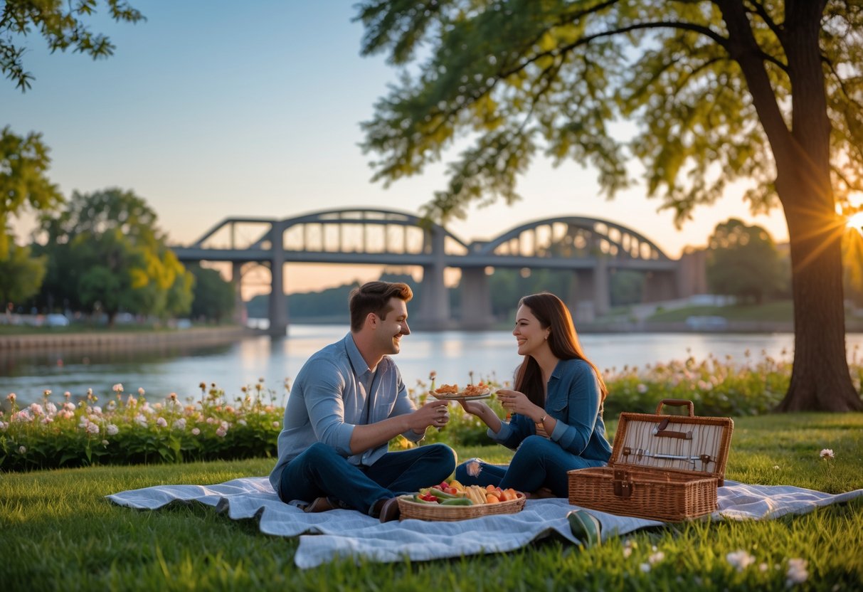 A young couple having a picnic together in a park near a river with a bridge in the background.