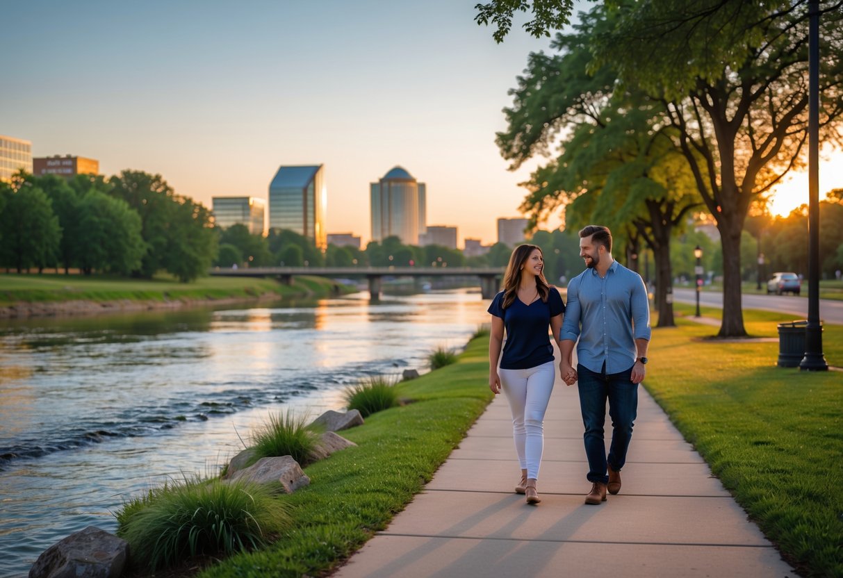 A couple walking hand-in-hand along a riverfront park with trees and a city skyline in the background.
