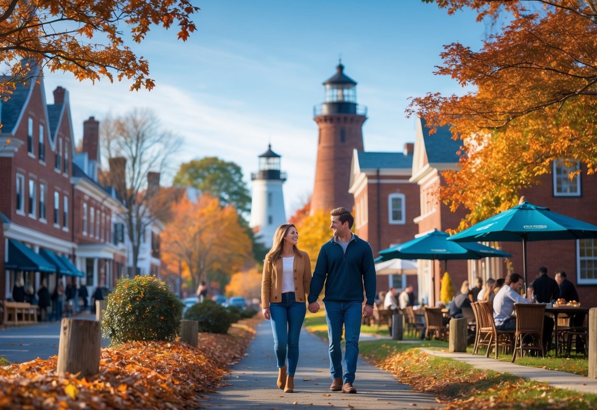 A young couple walking hand-in-hand along a tree-lined path with colorful autumn leaves and historic buildings in the background.