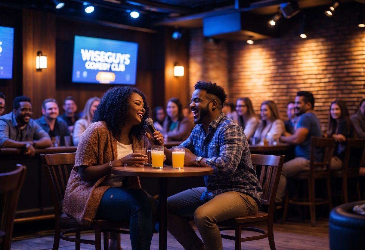 A couple enjoying a comedy show at a club, laughing and watching a performer on stage.