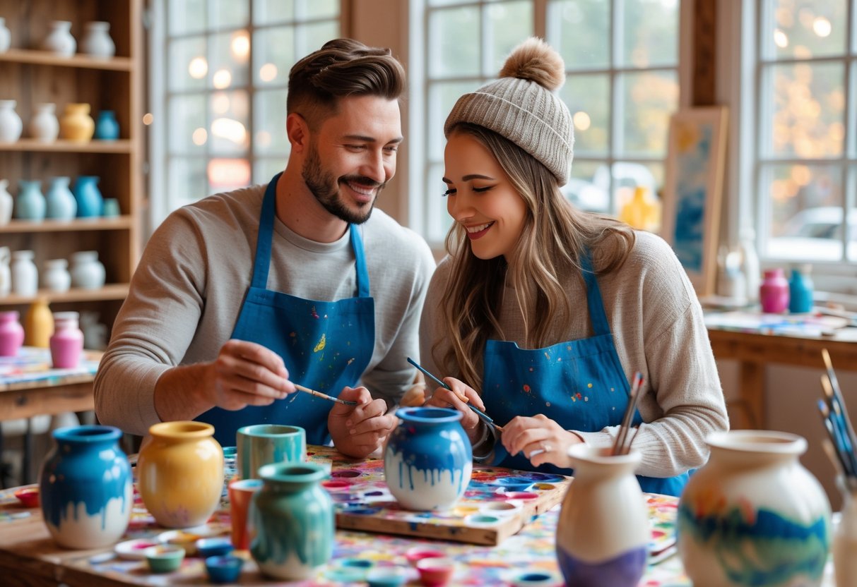 A young couple painting pottery together at a bright and cozy pottery studio.